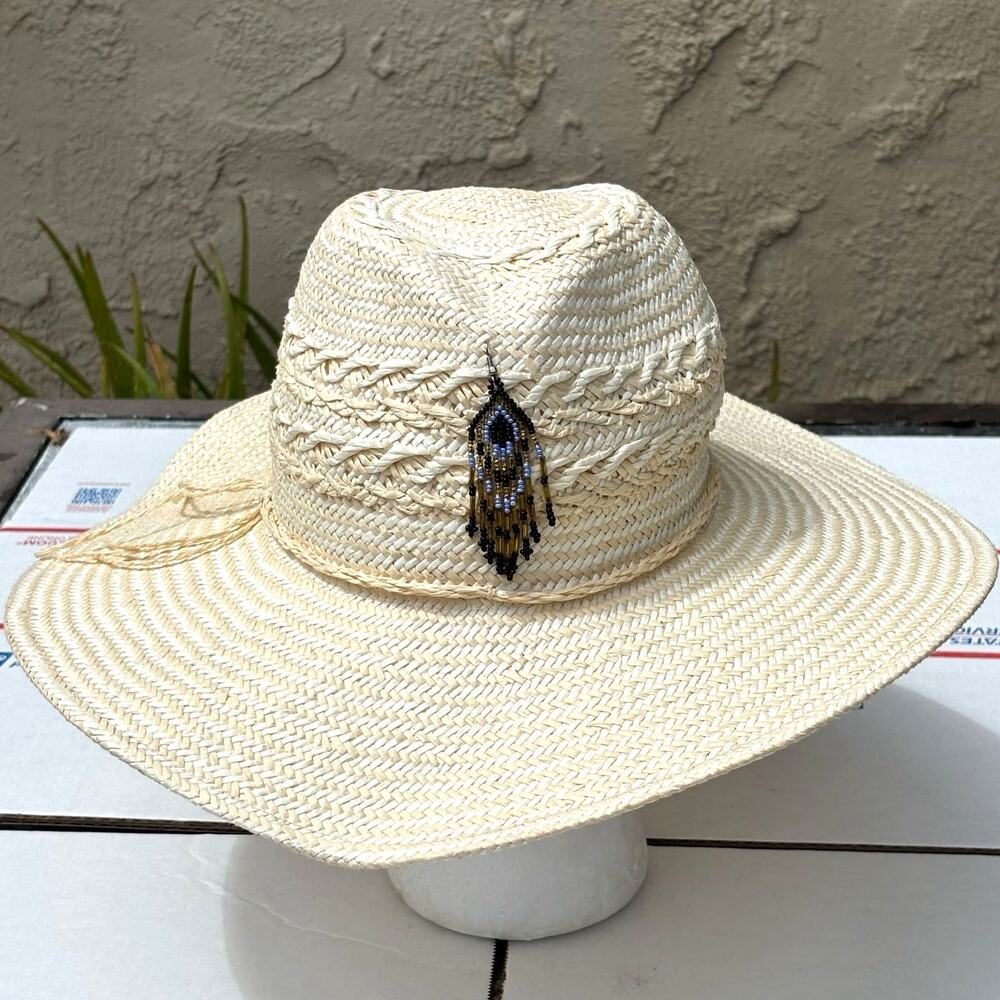 Cream & Blue Beaded Straw Hat